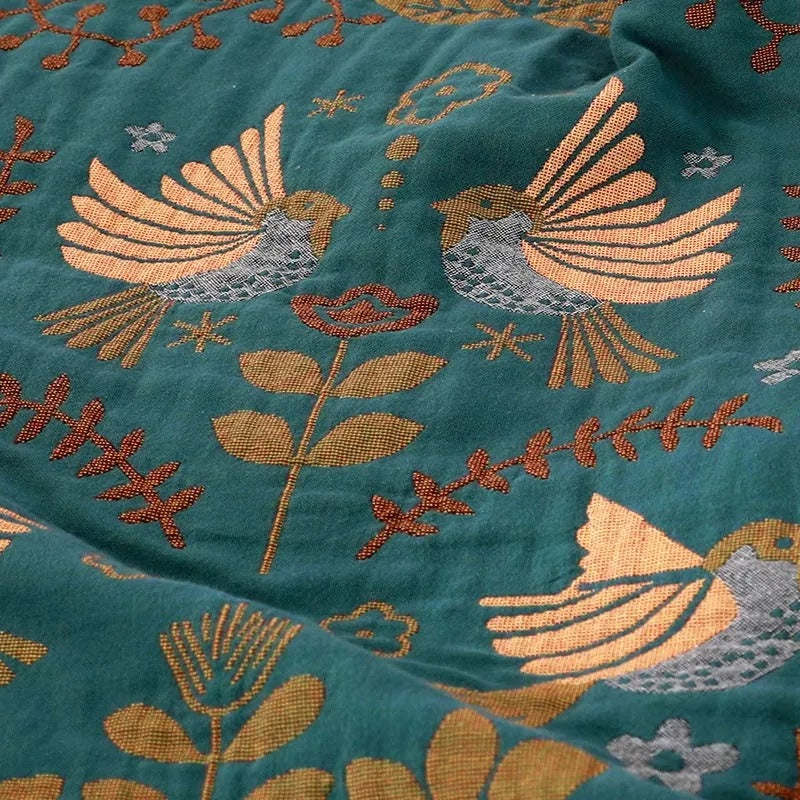 Square Cotton Throw Blanket Nordic Bird Pattern