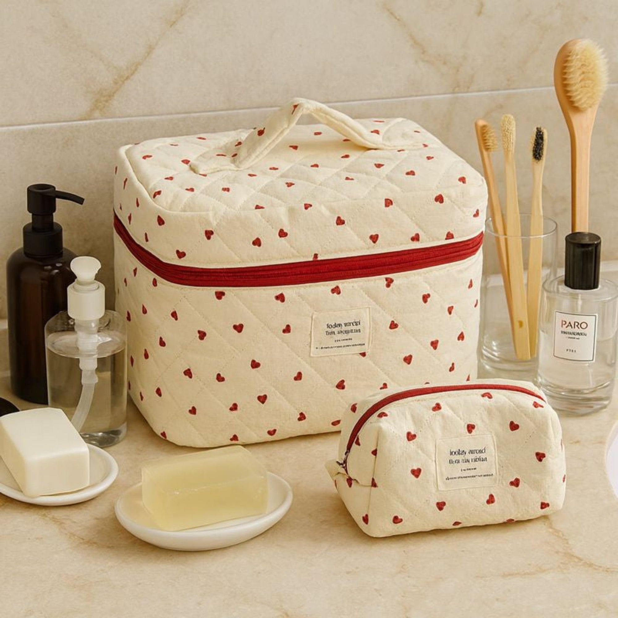 3 Piece Quilted Makeup Bag Set Travel Cosmetic Organizer Pouches