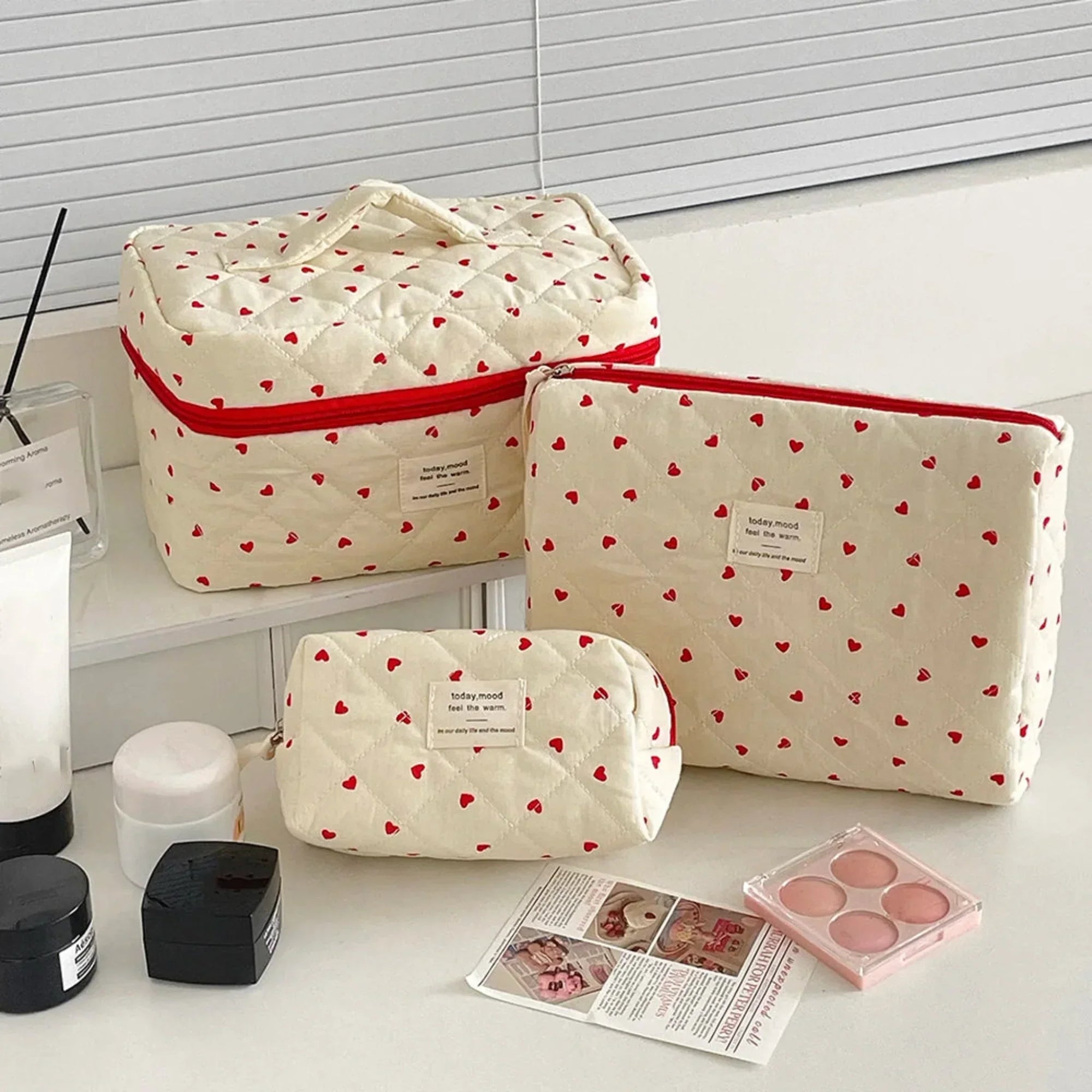 3 Piece Quilted Makeup Bag Set Travel Cosmetic Organizer Pouches