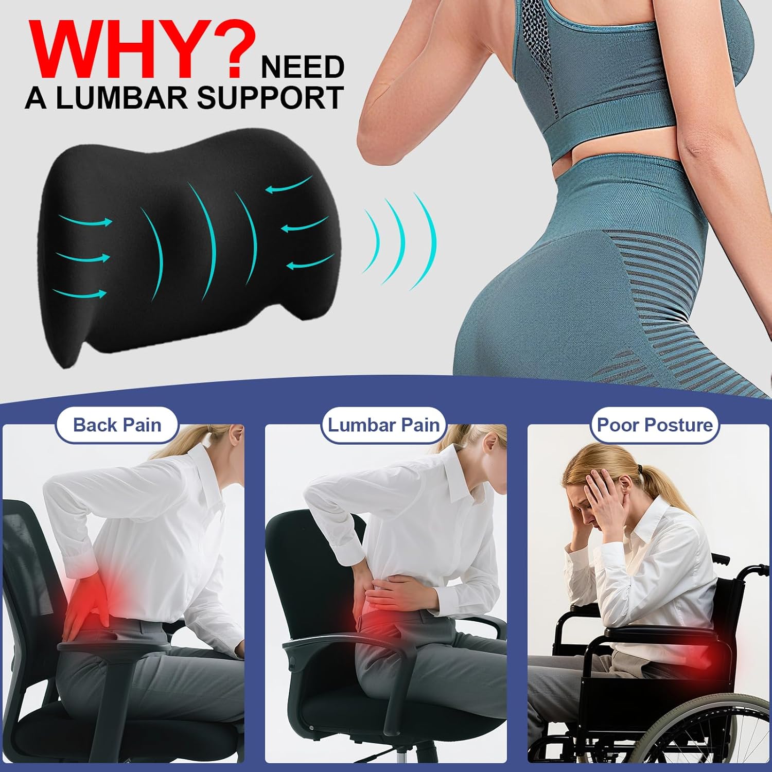 Memory Foam Lumbar Support Pillow Back Cushion
