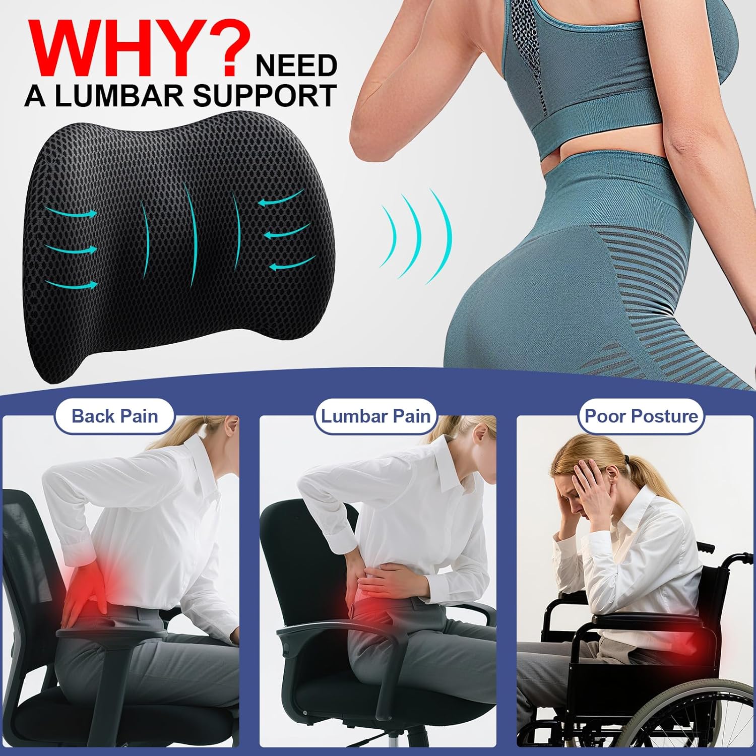 Memory Foam Lumbar Support Pillow Back Cushion