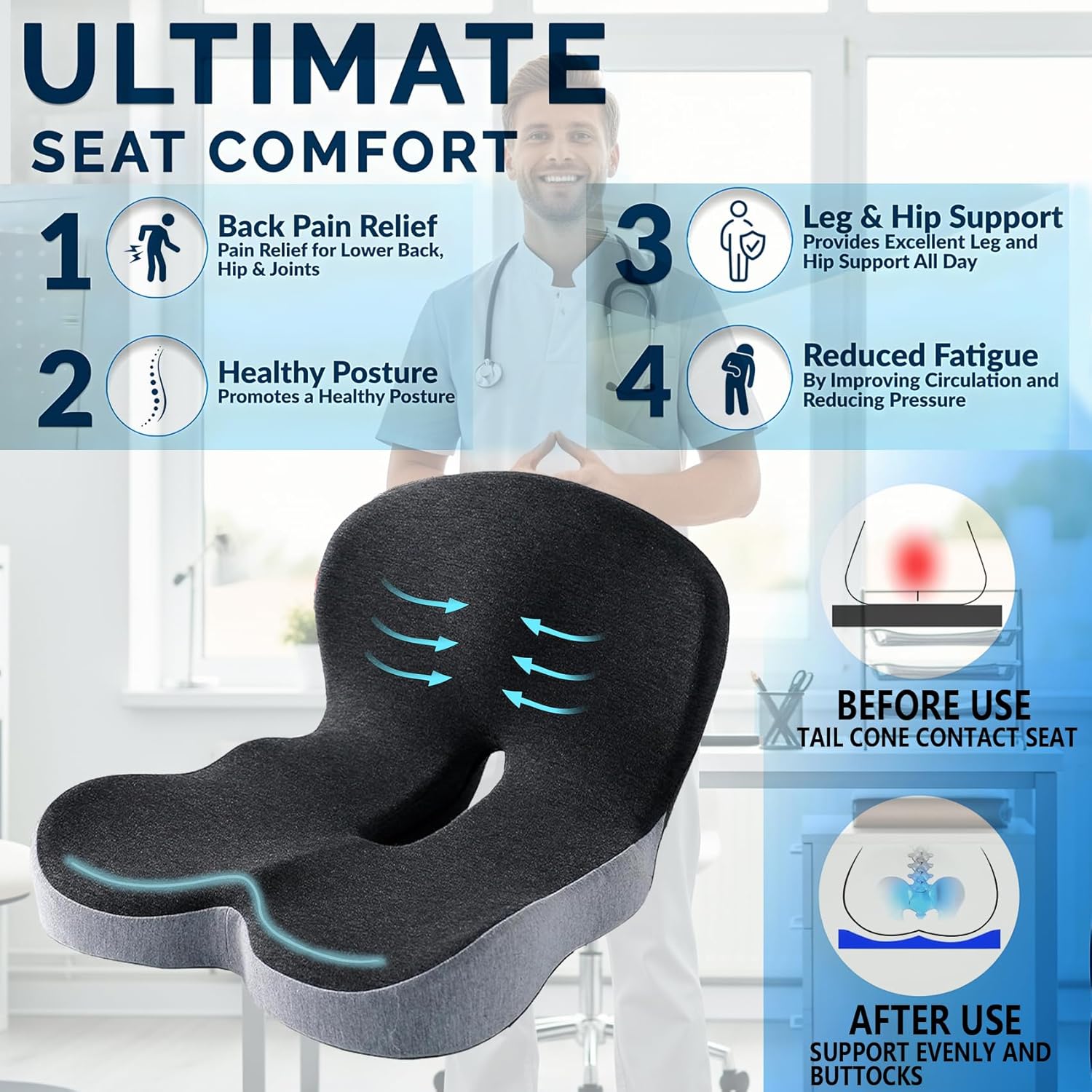 Memory Foam Seat Cushion for Office Chair and Home Chair Seating