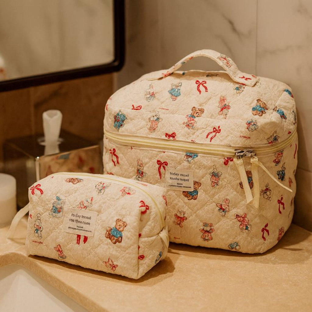3 Piece Quilted Cosmetic Bag Set with Cartoon Design