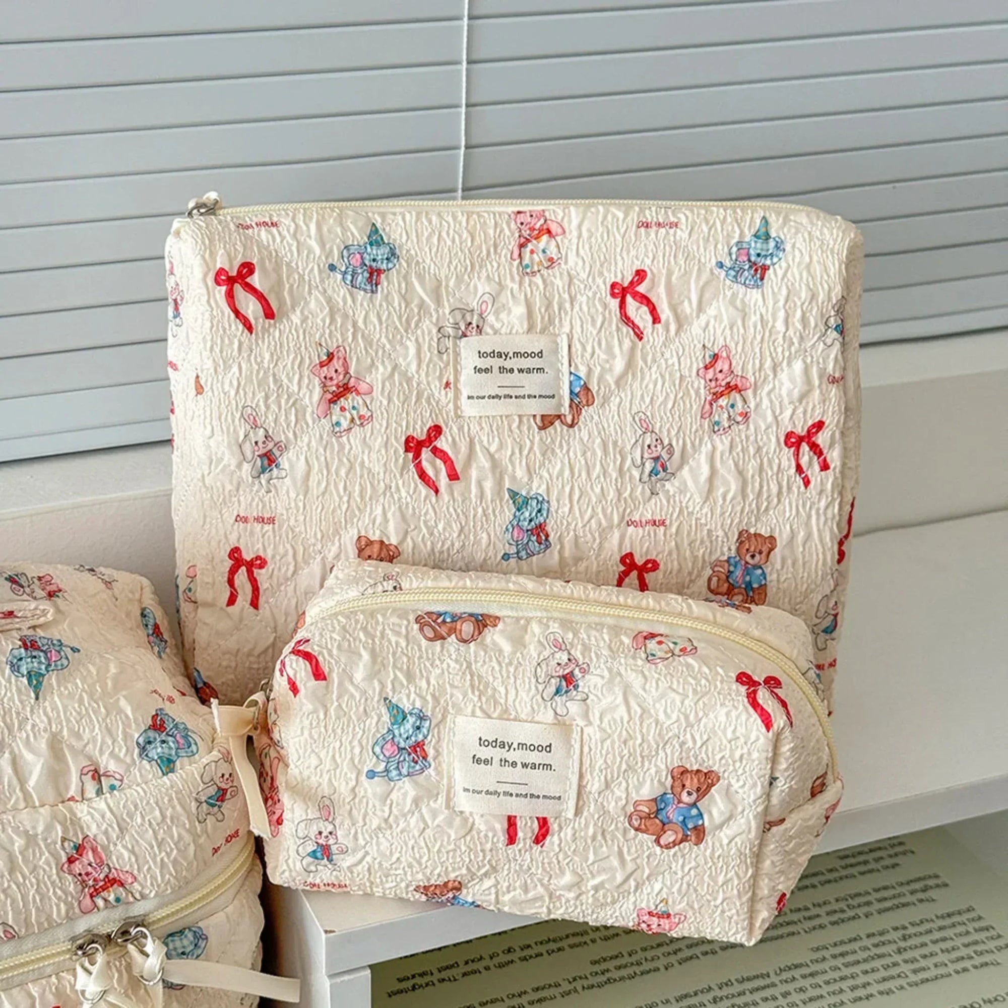 3 Piece Quilted Cosmetic Bag Set with Cartoon Design