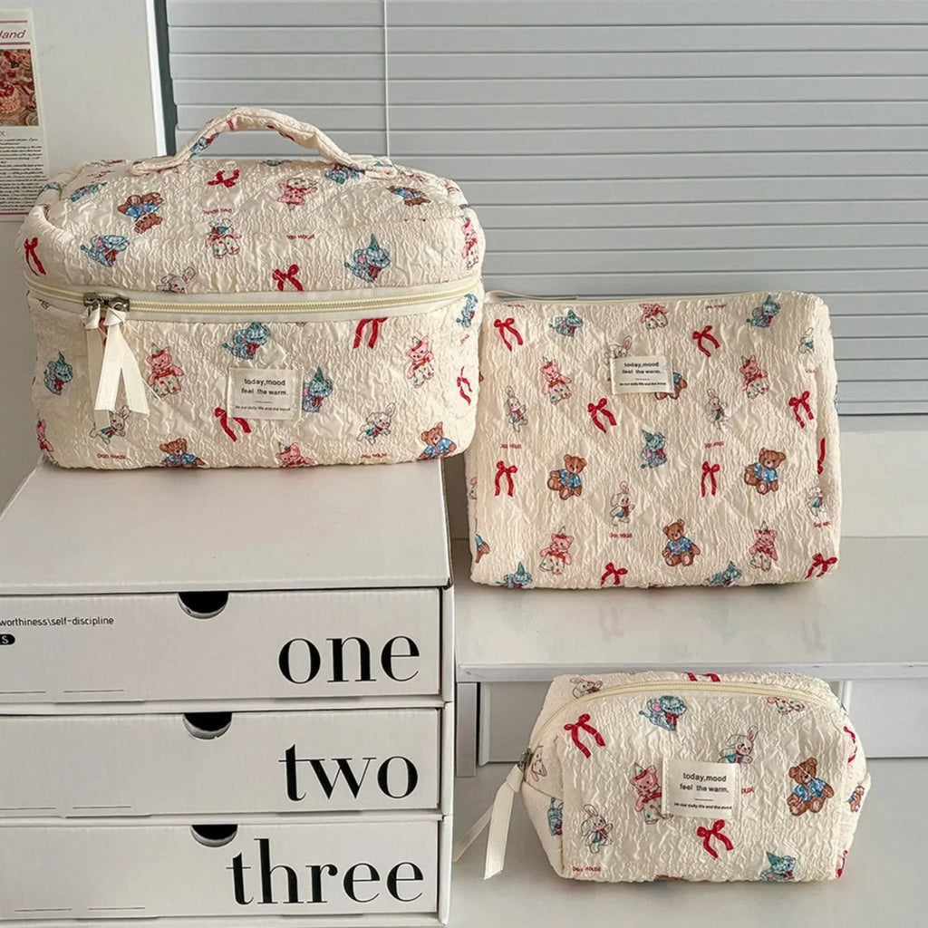 3 Piece Quilted Cosmetic Bag Set with Cartoon Design