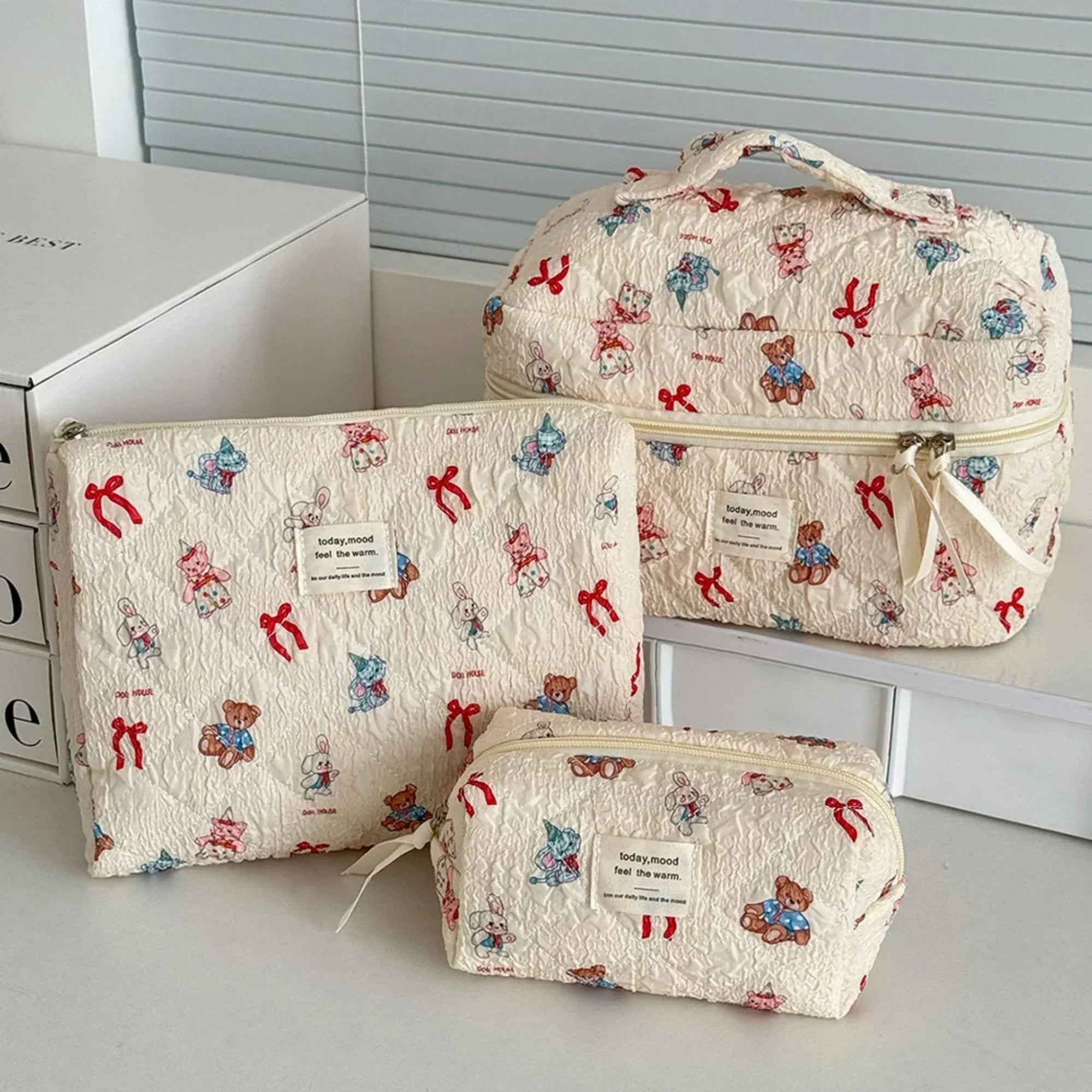 3 Piece Quilted Cosmetic Bag Set with Cartoon Design