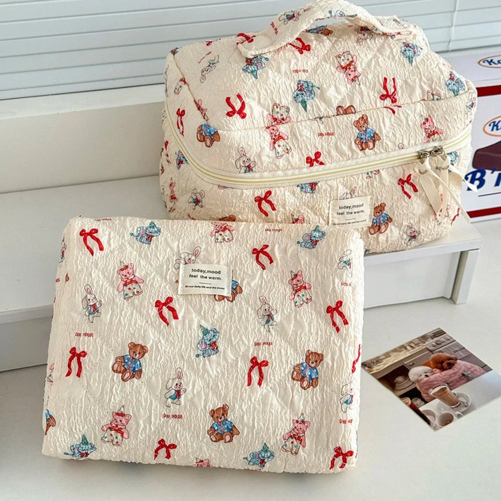 3 Piece Quilted Cosmetic Bag Set with Cartoon Design
