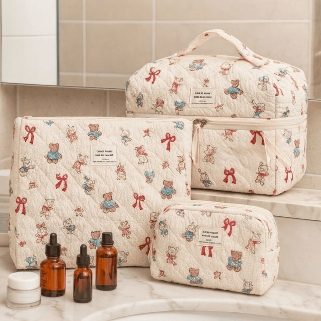 3 Piece Quilted Cosmetic Bag Set with Cartoon Design