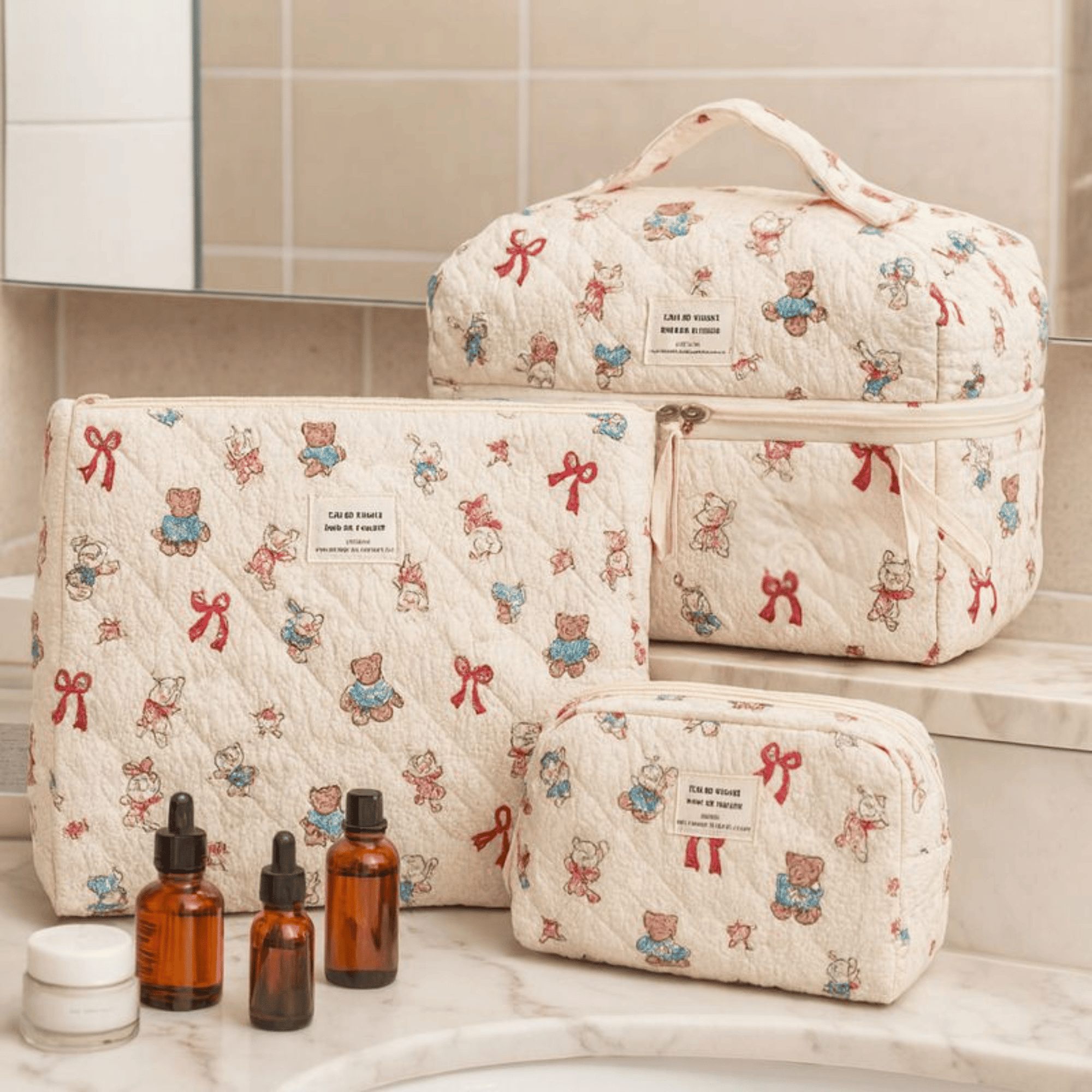 3 Piece Quilted Cosmetic Bag Set with Cartoon Design