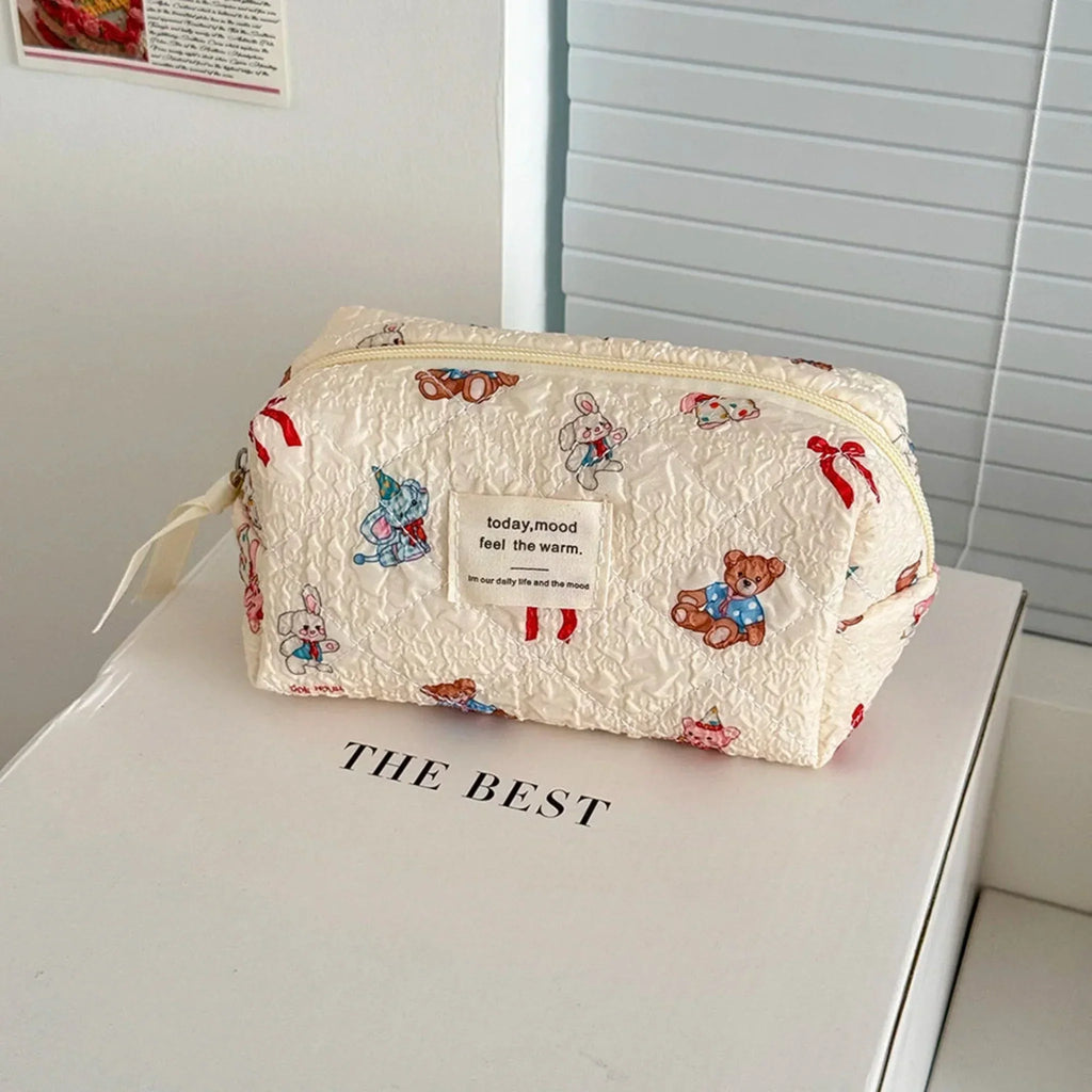 3 Piece Quilted Cosmetic Bag Set with Cartoon Design