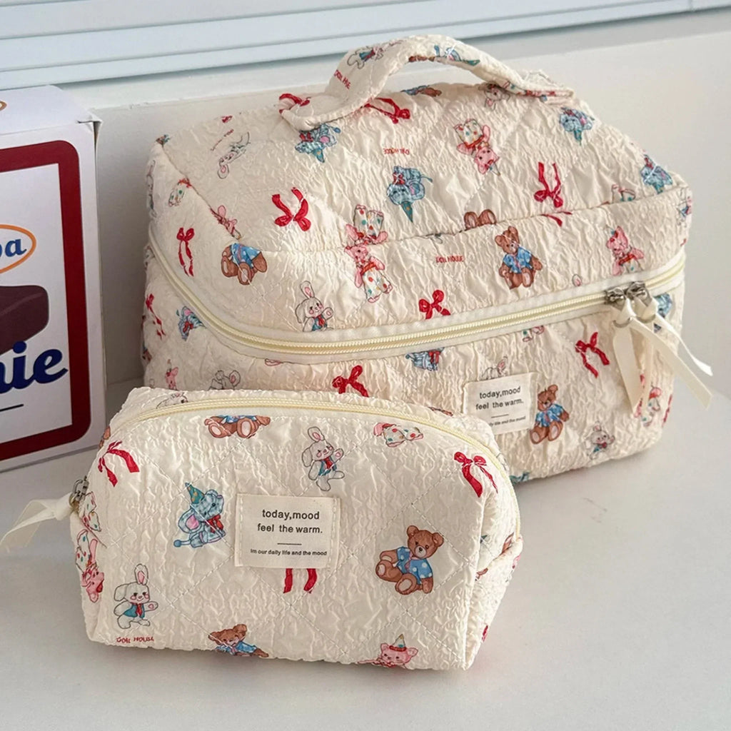 3 Piece Quilted Cosmetic Bag Set with Cartoon Design